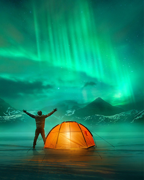 Man Camping Northern Lights Travel - Satellite Phone